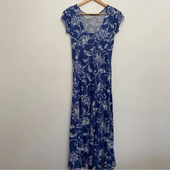 Chaps maxi dress open back tulip short sleeve floral blue white petit small - Picture 1 of 3
